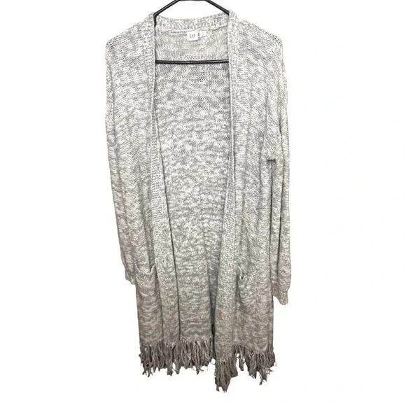 GAP Longline Boho Fringe Open Front Heather Gray Cardigan Sweater - Picture 2 of 11
